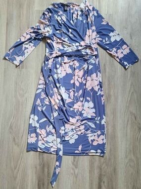 A Pea in the Pod Lavender Floral Wrap Midi Dress with Pink Accents
